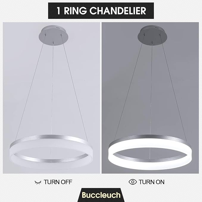 Buccleuch Dimmable 3-Ring LED Chandelier, Height Adjustable Modern Silver Pendant Light, ETL-Certified Flush Mount Acrylic Ceiling Light for Dining Room Living Room Bedroom Foyer, 3000K-6500K