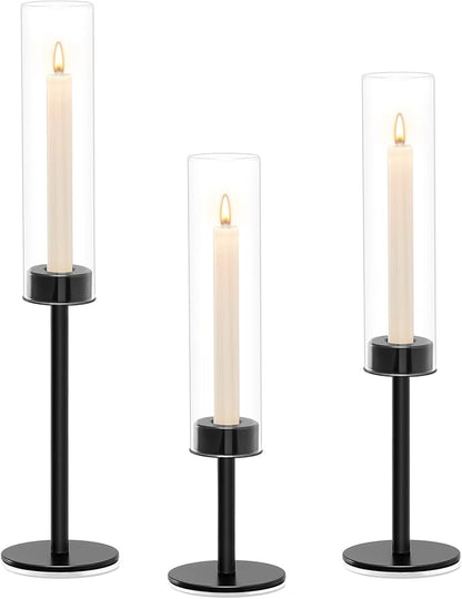 Black Hurricane Glass Candle Holders Set of 3, Tall Metal Taper Candle Stick Holder, Clear Candlestick Holders, Table Centerpieces Decor for Dining Dinner, Weddings, Christmas Fireplace Decorations