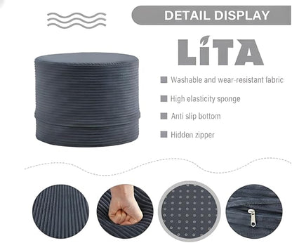 LITA Round Stuffed Pouf Ottoman, Velvet Poufs with High-Density Foam Filling and Washable Cover, Furry and Fluffy Bean Bag Foot Stools Ottoman for Living Room, Bedroom, Office, Grey