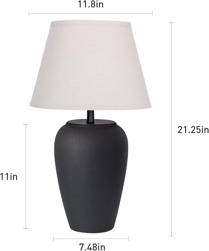 Ceramic Pot Table Lamp 21.25 inch Compact Frosted Nightstand Lamp, Tapered Fabric Shade Bedside, Ceramic Decorative for Living Room Bedroom House Office Entryway, TL3