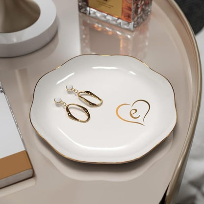 Gifts for Women – Initials Ceramic Jewelry Dish for Earrings, Necklaces, Bracelets, Rings, Watch, and Keys – Mother’s Day, Christmas, and Birthday Gifts for Women (e)