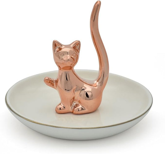 Rose Gold Lucky Kitten Rings Holder Jewelry Storage Dish Trinket Tray Decorative