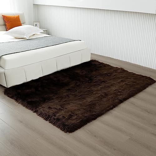 Fluffy Faux Fur Rug Coffee Sheepskin Area Rug,4x6 Ft Ultra Soft Shaggy Plush Rug for Bedroom Bedside Living Room Nursery Kids Room