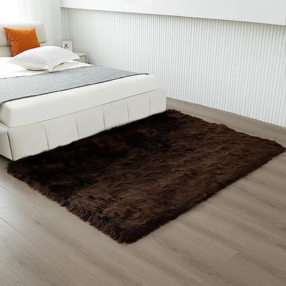 Fluffy Faux Fur Rug Coffee Sheepskin Area Rug,4x6 Ft Ultra Soft Shaggy Plush Rug for Bedroom Bedside Living Room Nursery Kids Room