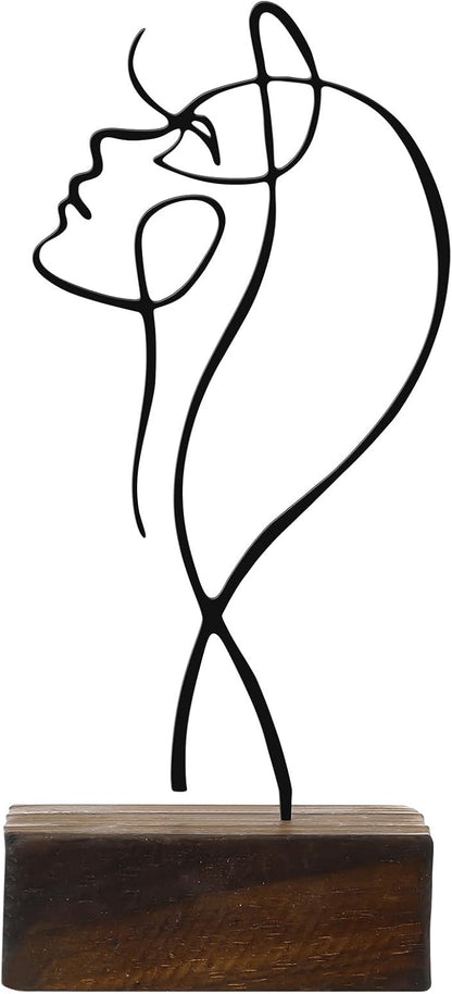 Amosfun Black Wrought Iron Female Line Sculpture with Wooden Base 8.66X4.25X2 Inch Minimalist Modern Character Art Ornament for Home and Office Desk D Cor