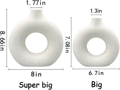 QLOFEI White Ceramic Vases Set of 2, Round Matte Modern Vase for Home Decor, Donut Ceramic Design Pampas Grass Vases for Living Room Coffee Table Decor, Boho Style for Gift