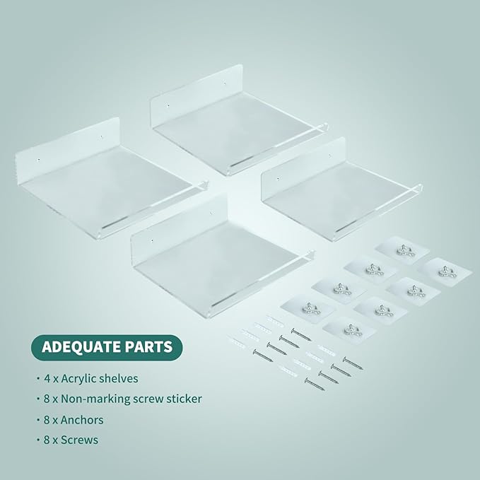 Floating Acrylic Shelves, 8X6 Inch Clear Wall Shelf, Small Plant Shelves, Picture and Toy Display Stand (No Drill, 4 Pack)