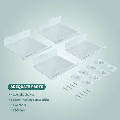 Floating Acrylic Shelves, 8X6 Inch Clear Wall Shelf, Small Plant Shelves, Picture and Toy Display Stand (No Drill, 4 Pack)