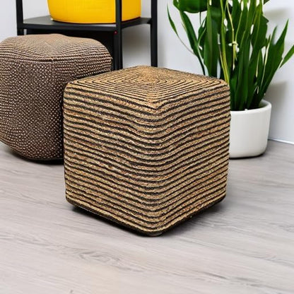 REDEARTH · Cube Pouf Foot Stool Ottoman - Jute Braided Pouffe Poof Accent Sitting Footrest for The Living Room, Bedroom, Nursery, Patio, Lounge 50% Jute 50% Cotton (14.5”X14.5”X16”; Natural Black)