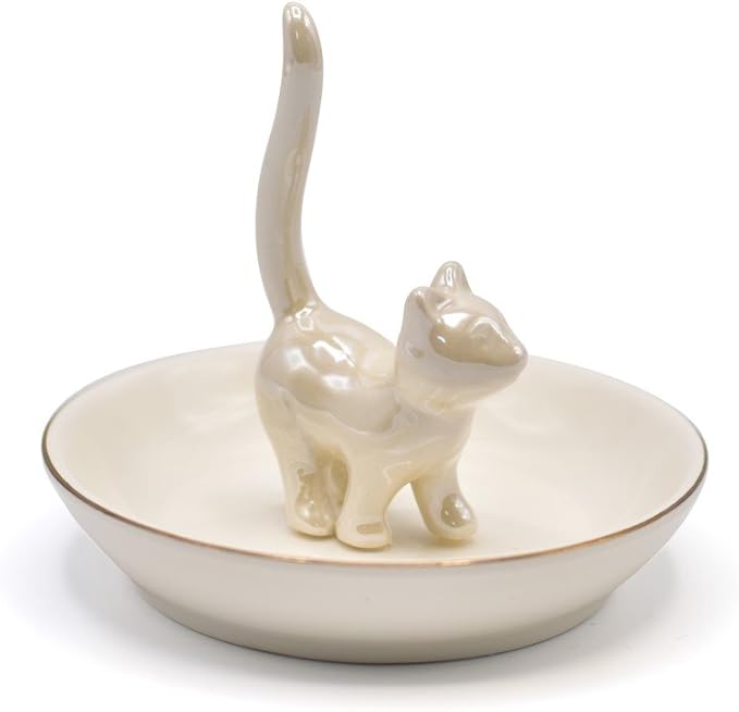ROSA&ROSE Cat Ring Holder Trinket Tray Ceramic Jewelry Dish Porcelain Ring Organizer Gift for Women, Girlfriend or Valentine's Day (Pearl White)