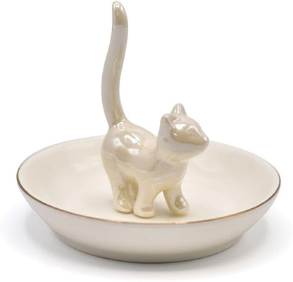 ROSA&ROSE Cat Ring Holder Trinket Tray Ceramic Jewelry Dish Porcelain Ring Organizer Gift for Women, Girlfriend or Valentine's Day (Pearl White)
