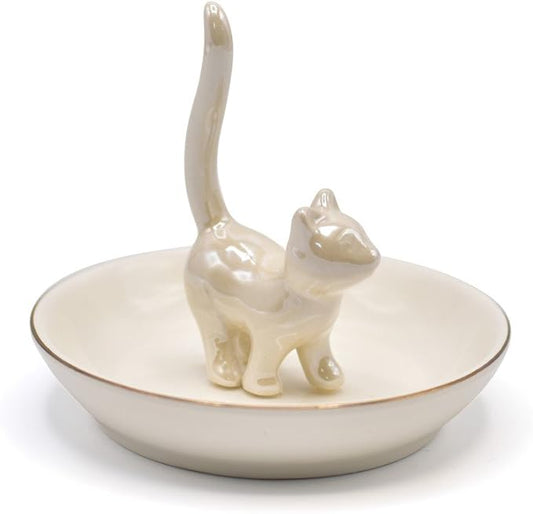 ROSA&ROSE Cat Ring Holder Trinket Tray Ceramic Jewelry Dish Porcelain Ring Organizer Gift for Women, Girlfriend or Valentine's Day (Pearl White)