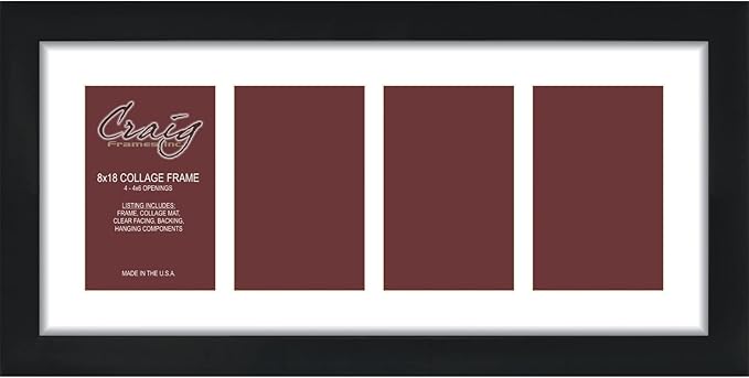 Craig Frames 8x18 Picture Frame - Black Contemporary Style, 1 inch Wood Composite Moulding, Smooth Wrap Finish, Acrylic, White Collage Mat with 4 Openings - Wall Display for 4x6 Photos