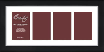 Craig Frames 8x18 Picture Frame - Black Contemporary Style, 1 inch Wood Composite Moulding, Smooth Wrap Finish, Acrylic, White Collage Mat with 4 Openings - Wall Display for 4x6 Photos