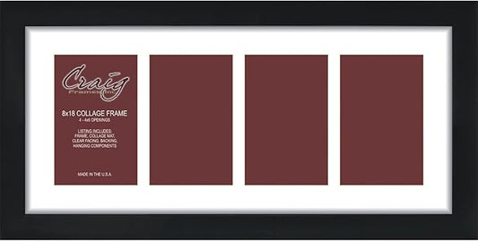 Craig Frames 8x18 Picture Frame - Black Contemporary Style, 1 inch Wood Composite Moulding, Smooth Wrap Finish, Acrylic, White Collage Mat with 4 Openings - Wall Display for 4x6 Photos