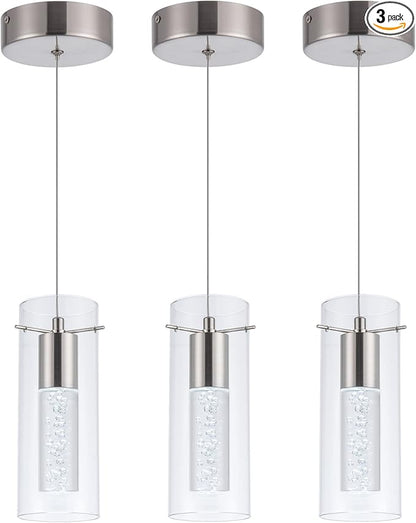 3 Pack Pendant Lights Kitchen Island, 6000K Kitchen Island Dining Room Light Pendant Lighting Fixtures Bubble Crystal Chandelier Over Island Table Modern Hanging Light for Bar Dining Room