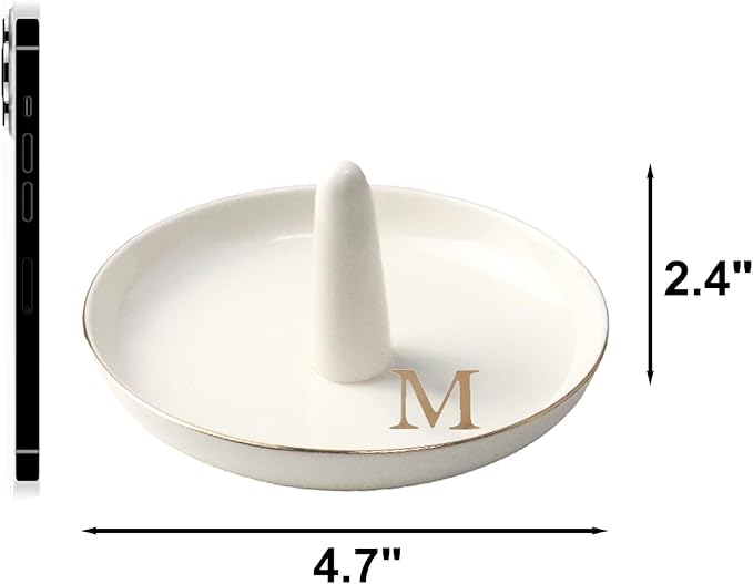 Ceramic Initials Jewelry Tray Ring Dish With Personalized M-Monogrammed Engagement Wedding Gifts, for Birthday Mother's Day for Women, Ceramic White 4.7" x2.4"