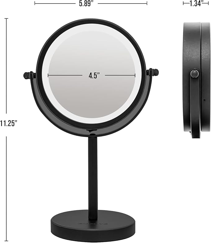 OVENTE 6" Lighted Makeup Mirror with 1X/7X Magnification, Cordless Tabletop Mount Vanity Round Mirror with 360° Swivel Design and Double Sided Cool Tone LED Ring Light, Matte Black MLT60B1X7X