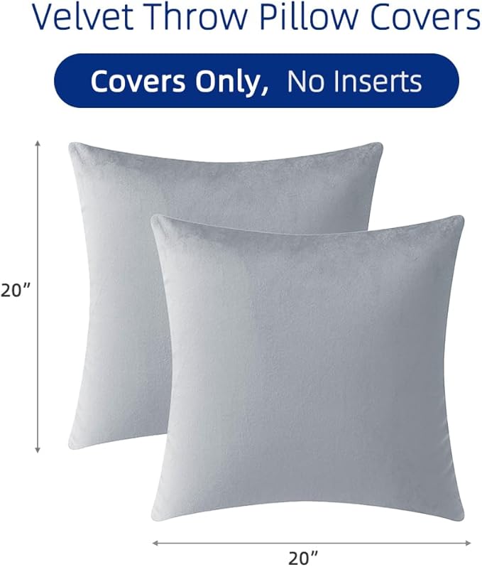 QUORGVES Light Grey Velvet Pillow Covers 20x20 Inch Set of 2, Soft Solid Decorative Square Throw Pillow Covers, Decor Cushion Covers for Bed Sofa Couch Bedroom Living Room - Light Gray