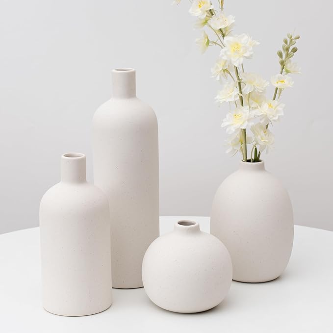 Ceramic Vase Set of 4, Modern Minimalist Colors Home Decor, White Decorative Flowers Vases for Bouquet, Pampas | Table Mantel Centerpiece Bookshelf Living Room Bedroom (White Set of 4)