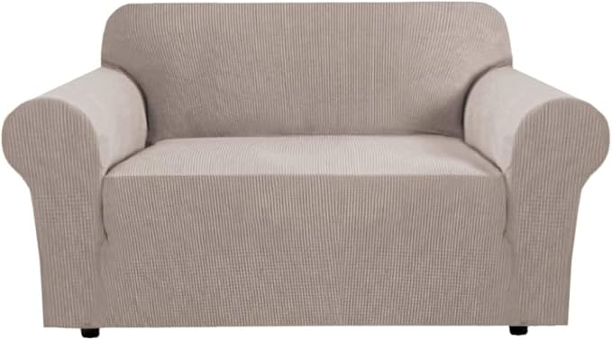 H.VERSAILTEX Stretch Couch Cover Loveseat Covers for 2 Cushion Couch Slipcover|Sofa Cover for Love seat 1 Piece with Elastic Bottom, Checked Jacquard Fabric(Loveseat 58'-70' Wide, Sand)
