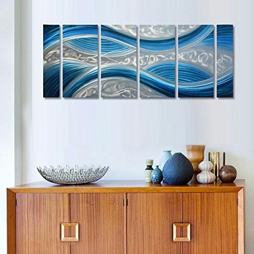Handmade Abstract Metal Wall Art with Soft Color, Large Scale Decor in Blue Line Design Metal Art, 3D Artwork for Indoor Outdoor Wall Decorations, Decorative hanging in 6-Panels Measures 24"x 65"
