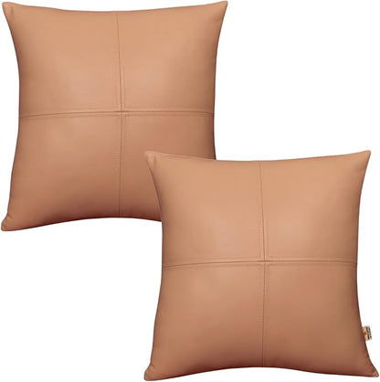 Lambskin Leather Pillow Cover, Hand Panel Stitched Leather Decorative Throw Pillow Covers for Couch Sofa Bed Living Room Garden (22x22 Inches, Beige Pack of 2)
