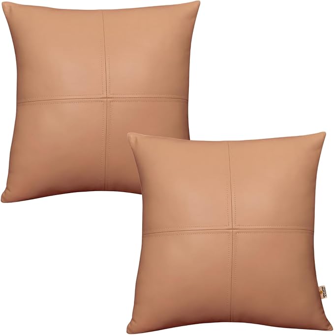 Lambskin Leather Pillow Cover, Hand Panel Stitched Leather Decorative Throw Pillow Covers for Couch Sofa Bed Living Room Garden (16x16 Inches, Beige Pack of 2)