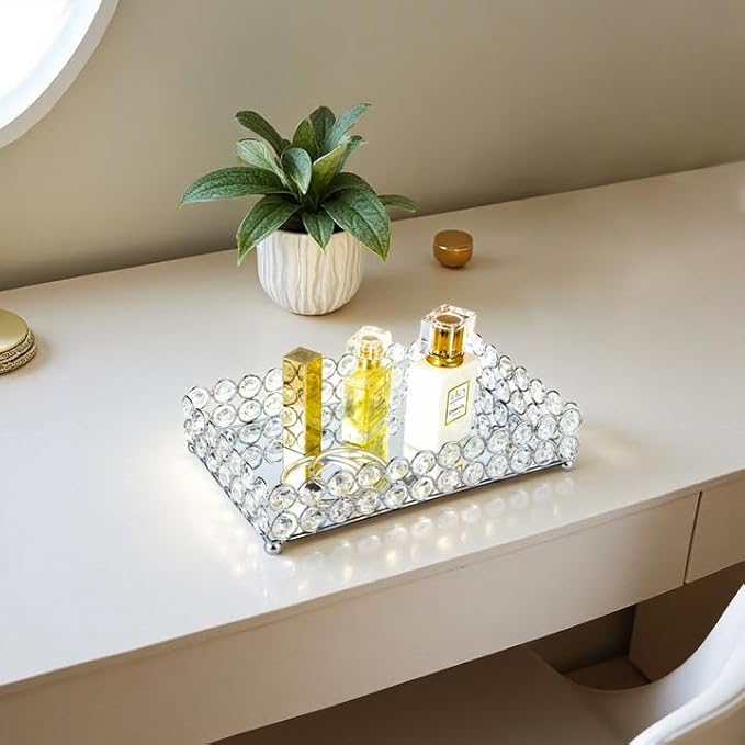 Feyarl Crystal Perfume Tray Cosmetic Makeup Vanity Tray Jewelry Trinket Rings Earrings Organizer Decorative Tray Storage for Home Deco Wedding Dresser Tabletop Girl Women Gift(10" x 6 "Silver)