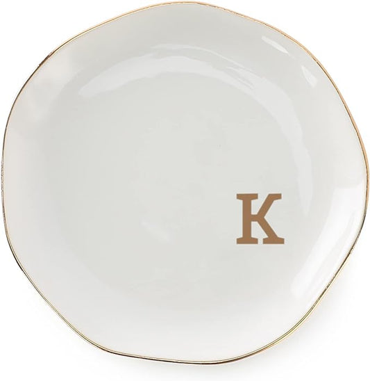 Initials Ring Dish Jewery Tray with personalized K-Monogrammed Gifts Wedding Engagement for Women Friends sister,Ceramic White
