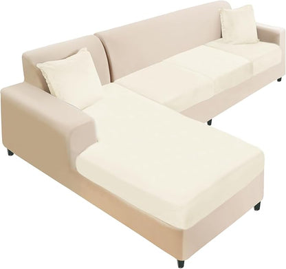 NAISI Sectional Couch Cover 4 Pieces Velvet Separate Couch Cushion Covers L Shape Soft Stretch Sofa Slipcovers with 2pcs Pillowcases for Left/Right Chaise Sectional Couch(3 Seater+1 Chaise,Cream)