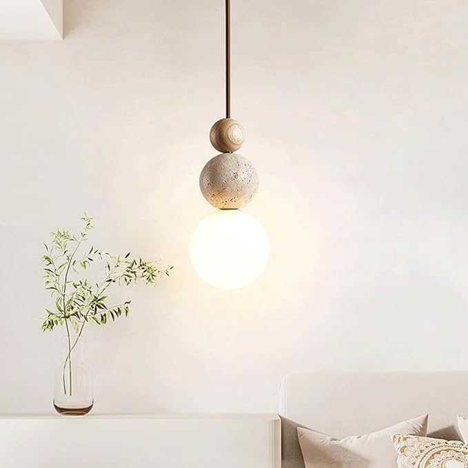Modern Indoor Pendant Light Natural Stone Spherical Hanging Light Frosted White Glass Suspension Pendant Lamp for Bedside Restaurant Kitchen Island Aisle Bar Club Chandelier (Brown)
