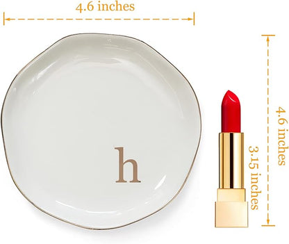 HOME SMILE Initials Ring Dish Jewery Tray with Personalized H-Monogrammed Engagement Wedding Gifts for Friends,Sister,Birthday Christmas Gifts for Women,Ceramic White