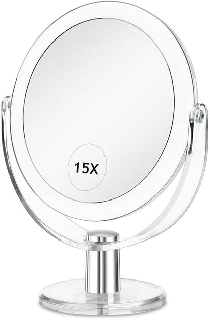 Vanity Makeup Mirror with Stand, 1X/15X Magnification Double Sided 360 Degree Swivel, Portable Table Desk Counter top Magnifying Mirror, Tabletop Mirror for Bedroom or Dorm Room, 6.25 Inch