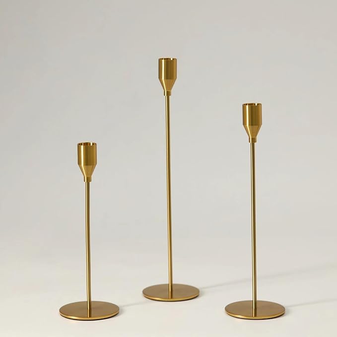 Solid Taper Candle Holders Set of 3, Vintage Brass Long Skinny Candlestick (Heights: 9/11/13 Inch), Heavy Iron Anti-Slip Base for Fireplace Mantle Table Centerpiece Wedding Decor