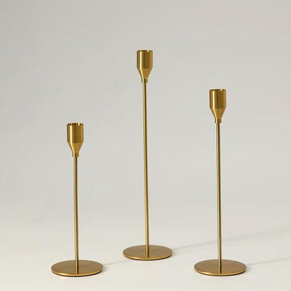 Solid Taper Candle Holders Set of 3, Vintage Brass Long Skinny Candlestick (Heights: 9/11/13 Inch), Heavy Iron Anti-Slip Base for Fireplace Mantle Table Centerpiece Wedding Decor