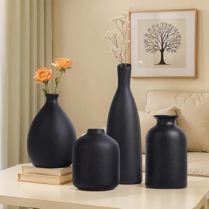 Black Ceramic Vase Set of 4, Matte Black Vases for Home Decor, Ceramic Small Bud Vase for Flowers, Modern Minimalism Decorative Flowers Vases for Centerpieces, Table, Shelf, Office Decor