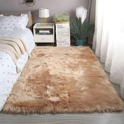 Fluffy Faux Fur Rug Brown Sheepskin Area Rug,4x6 Ft Ultra Soft Shaggy Plush Rug for Bedroom Bedside Living Room Nursery Kids Room