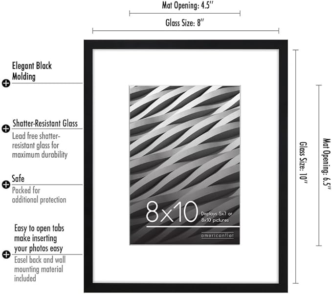 Americanflat 8x10 Picture Frame with Shatter-Resistant Glass - Use as 5x7 Frame with Mat or Display 8x10 Photo Without Mat - Streamline Collection - Picture Frames for Tabletop and Wall - Black