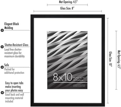 Americanflat 8x10 Picture Frame with Shatter-Resistant Glass - Use as 5x7 Frame with Mat or Display 8x10 Photo Without Mat - Streamline Collection - Picture Frames for Tabletop and Wall - Black
