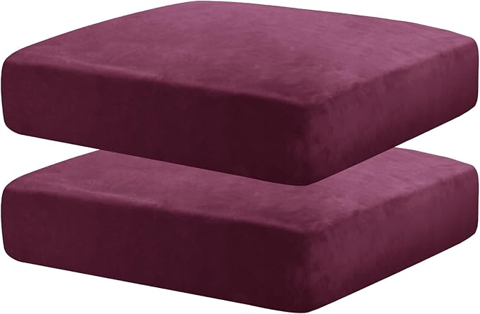 MAXIJIN Velvet Stretch Cushion Covers Couch Cushion Slipcovers Loveseat Sofa Cushion Covers for Individual Cushions with Elastic Bottom (2 Piece Loveseat Cushion Covers, Wine Red)