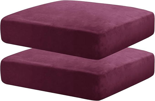 MAXIJIN Velvet Stretch Seat Cushion Covers Couch Cushion Cover for Individual Cushions Sofa Seat Cushion Slipcovers with Elastic Bottom (2 Piece Sofa Cushion Covers, Wine Red)