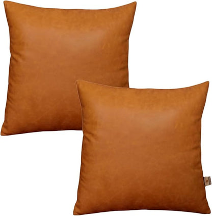 Genuine Lambskin Leather Pillow Cover, 18x18 Inch Case for Lumbar Throw Couch Pillows, Thick & Soft Cushion Covers for Sofa Bed Home Décor (Caramel Brown Pack of 2)
