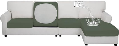 Easy-Going 100% Waterproof 4 Pieces Couch Cushion Covers for Sectional Sofa Left/Right L Shape Chaise Lounge Sofa Seat slipcover Anti-Slip Sofa Cover (3 Seater + 1 Chaise, Grayish Green