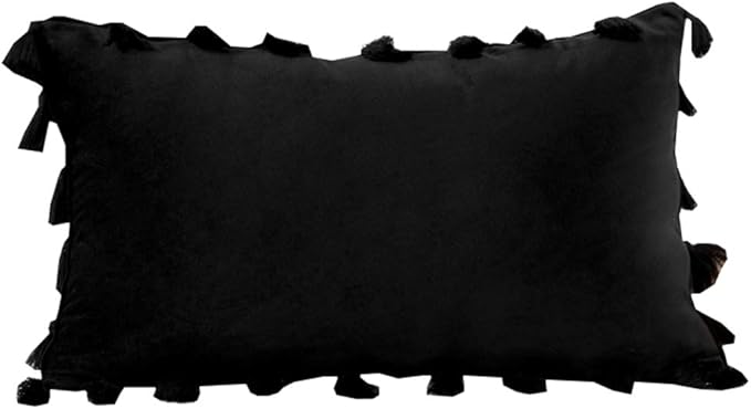 vctops Velvet Soft Solid Decorative Throw Pillow Cover with Tassels Boho Accent Cushion Case for Couch Bedroom Car Black 12''x20''