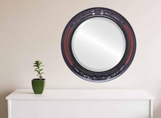 OVALCREST Round Beveled Wall Mirror for Home Decor - Florence Style - Rosewood - 22x22 Outside Dimensions