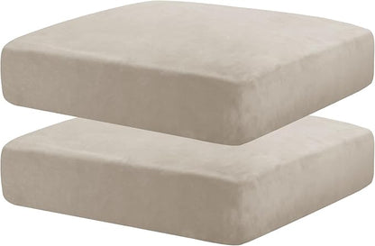 MAXIJIN Velvet Stretch Seat Cushion Covers Couch Cushion Cover for Individual Cushions Sofa Seat Cushion Slipcovers with Elastic Bottom (2 Piece Sofa Cushion Covers, Khaki)