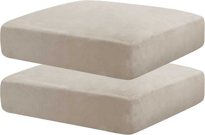 MAXIJIN Velvet Stretch Cushion Covers Couch Cushion Slipcovers Loveseat Sofa Cushion Covers for Individual Cushions with Elastic Bottom (2 Piece Loveseat Cushion Covers, Khaki)
