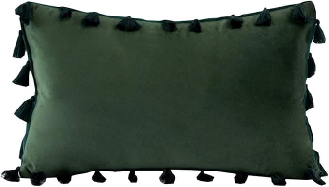 vctops Velvet Soft Solid Decorative Throw Pillow Cover with Tassels Boho Accent Cushion Case for Couch Bedroom Car Dark Green 12''x20''