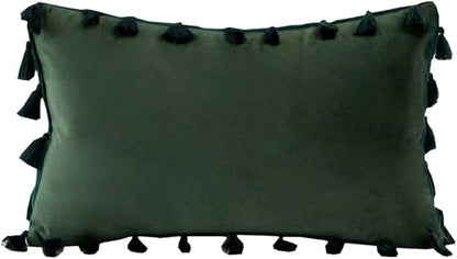 vctops Velvet Soft Solid Decorative Throw Pillow Cover with Tassels Boho Accent Cushion Case for Couch Bedroom Car Dark Green 12''x20''